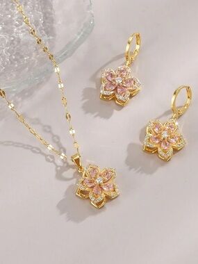 1pc Stainless Steel Women Necklace With Cubic Zirconia Flower Pendant earrings